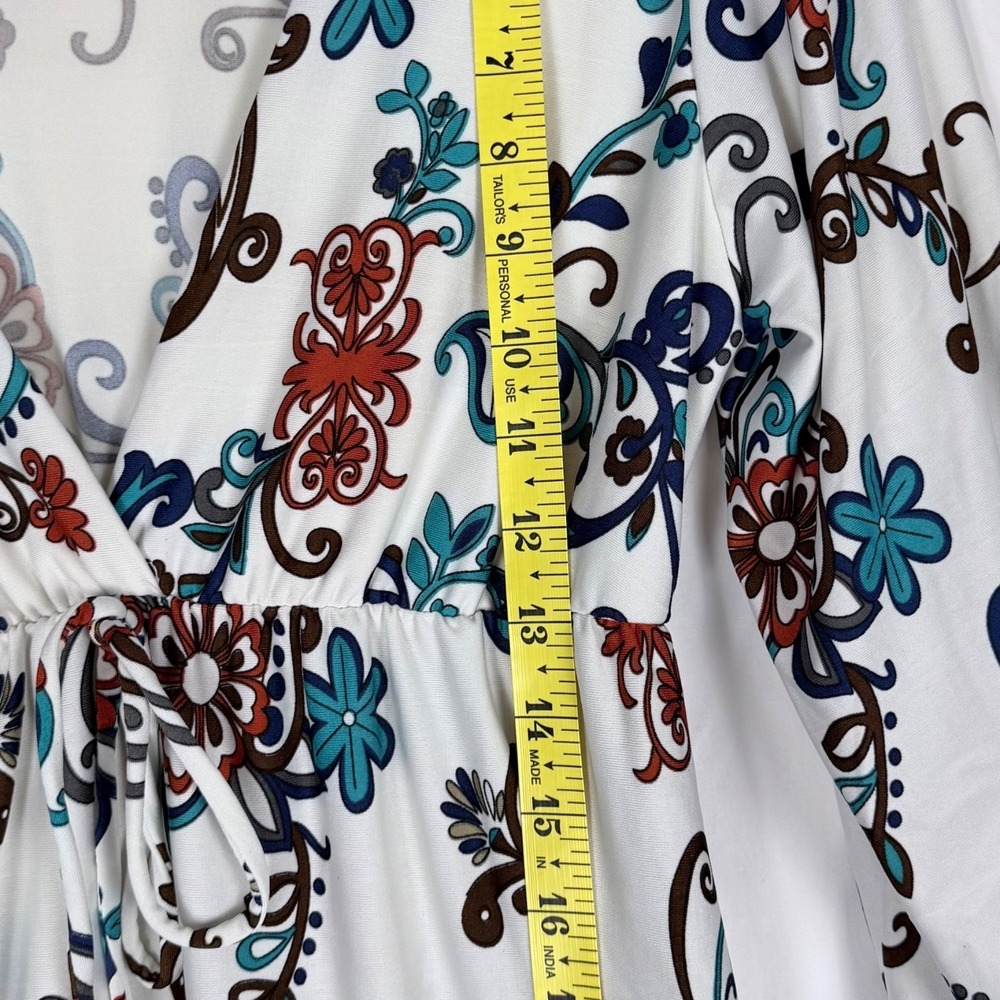 Paisley Print Deep V Neck Dress L Knee Length Puff Sleeve Summer Hippie Boho - Picture 9 of 10